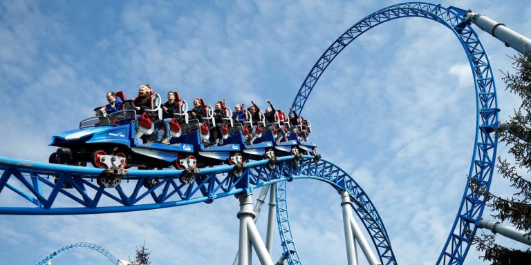 The blue fire Megacoaster of MACK Rides is pictured at the theme park EUROPA PARK in Rust near Freiburg
